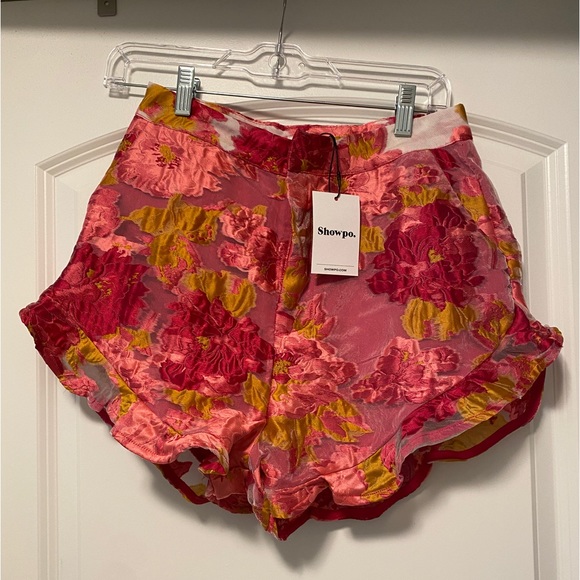 Showpo. Pants - BRAILEY SHORTS - FRILL HEM SHORTS IN PINK JACQUARD
